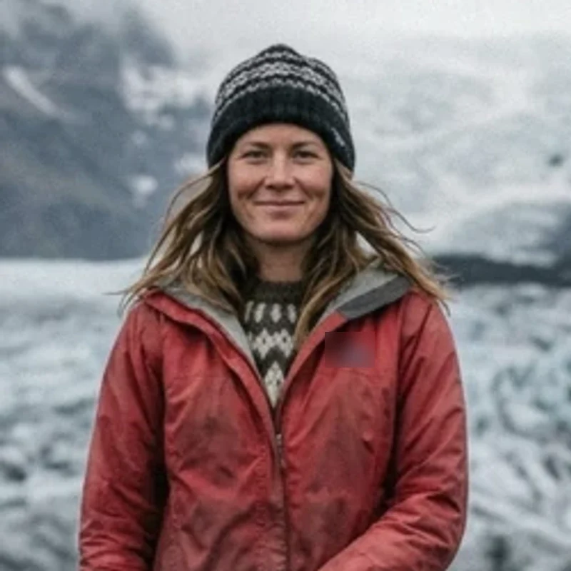 Hrefna Sigurðardóttir, glacier guide, at the edge of Kötlujökull before a Katla ice cave tour in Iceland