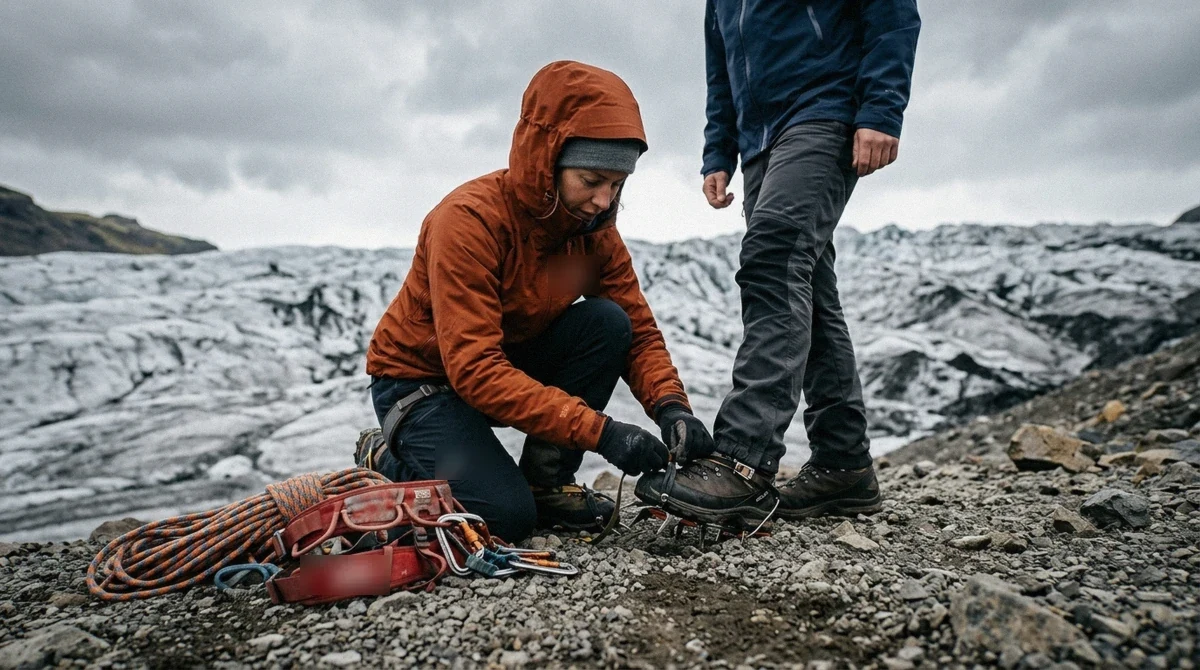 A guide fitting crampons to a visitor's hiking boots at the edge of Kötlujökull before a Katla ice cave tour