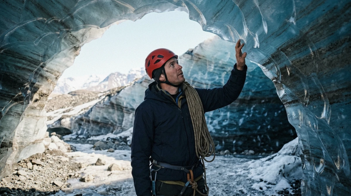 A guide in a helmet inspecting the ice at the entrance of a glacier cave before a group enters, the routine check on every Katla ice cave tour