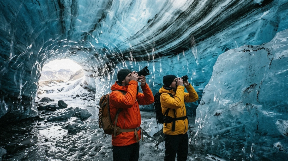 Two visitors photographing the ash-banded blue ceiling inside the Katla ice cave in Kötlujökull, Iceland