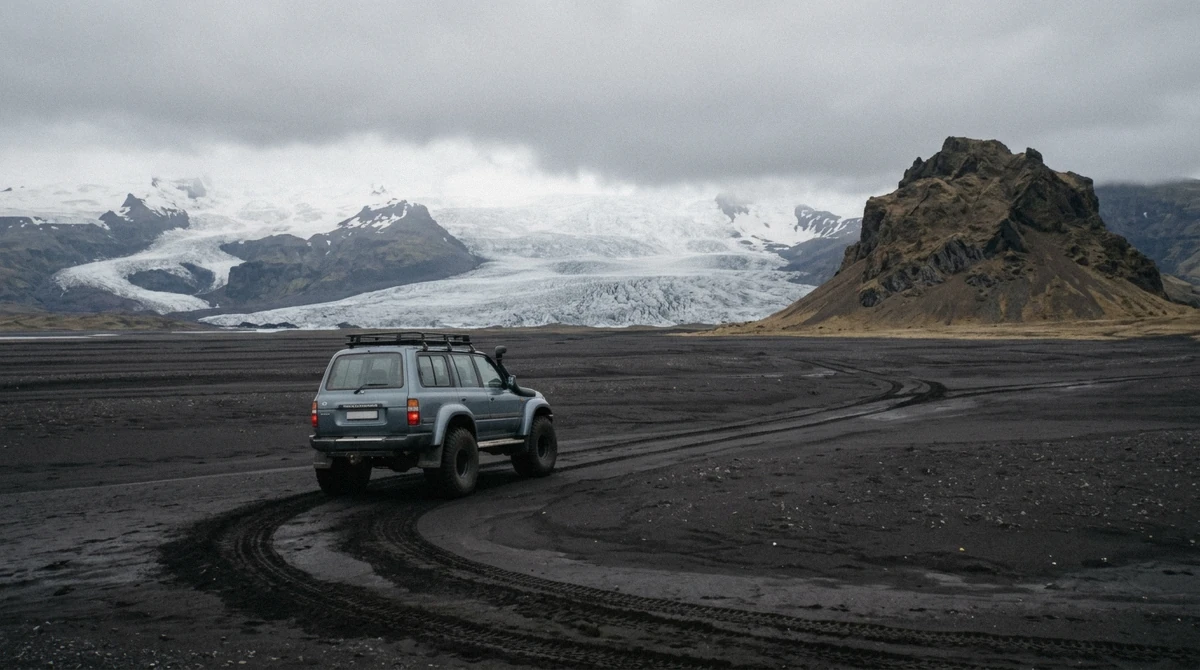 A modified super jeep crossing the black sand of Mýrdalssandur towards Kötlujökull on a Katla ice cave tour from Vík