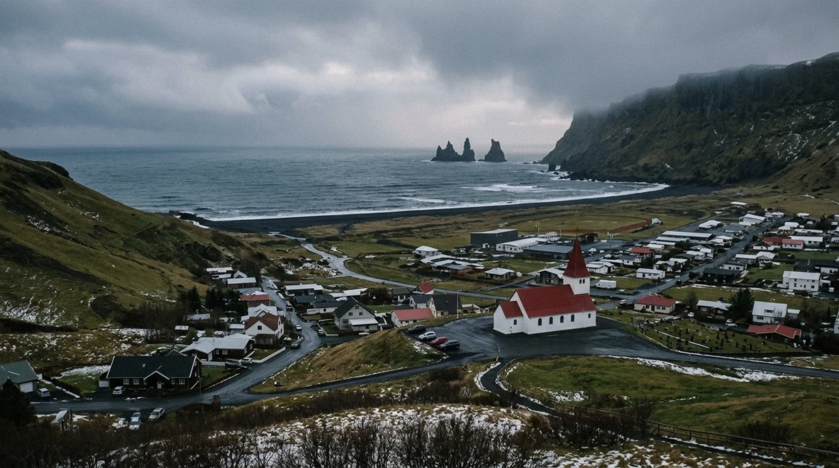Vík í Mýrdal with its hillside church and the Reynisdrangar sea stacks, the starting point for every Katla ice cave tour from Vík
